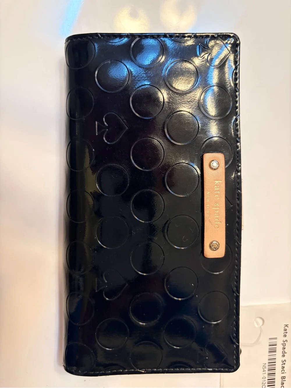 kate spade Black Patent Polka Dot Long Wallet with Tan Logo Plaque